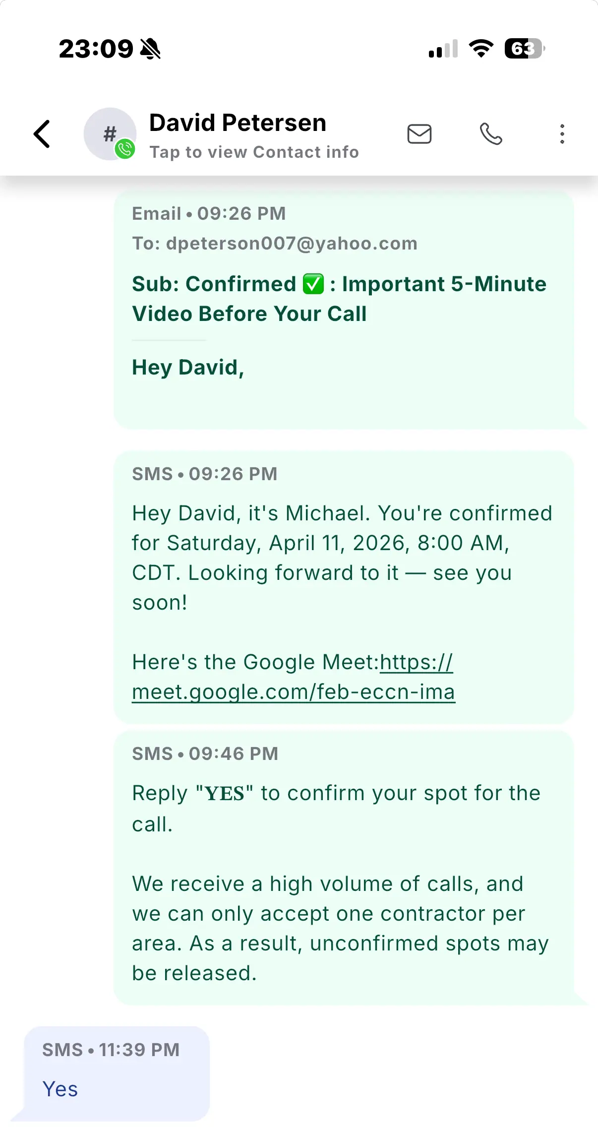 Example of the confirmation email/text you should reply YES to