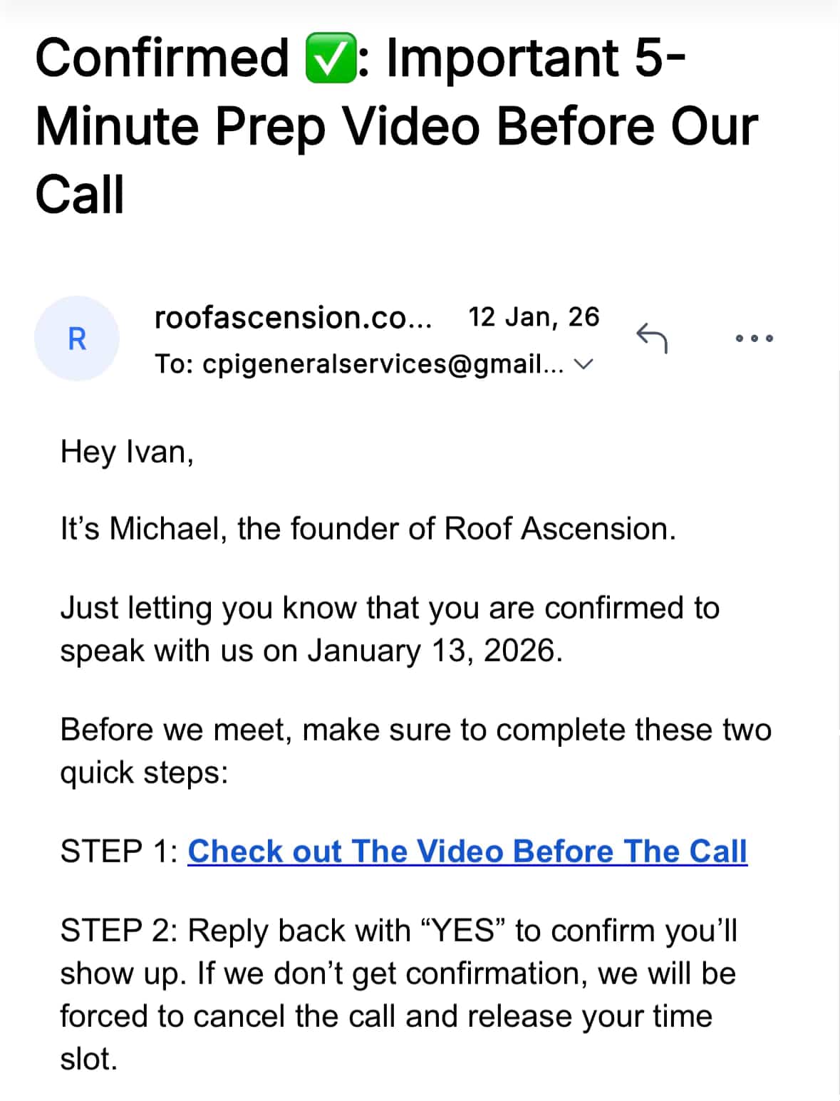 Example of the confirmation email/text you should reply YES to